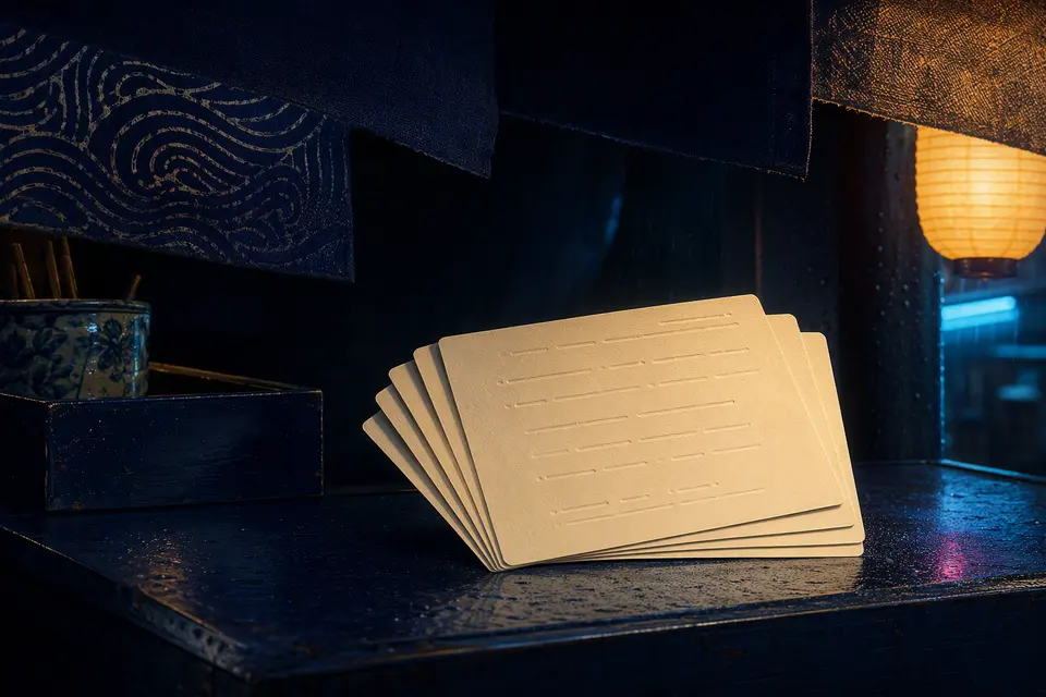 Blank cream index cards lit by amber and cyan lamps on a rain-speckled night-market counter